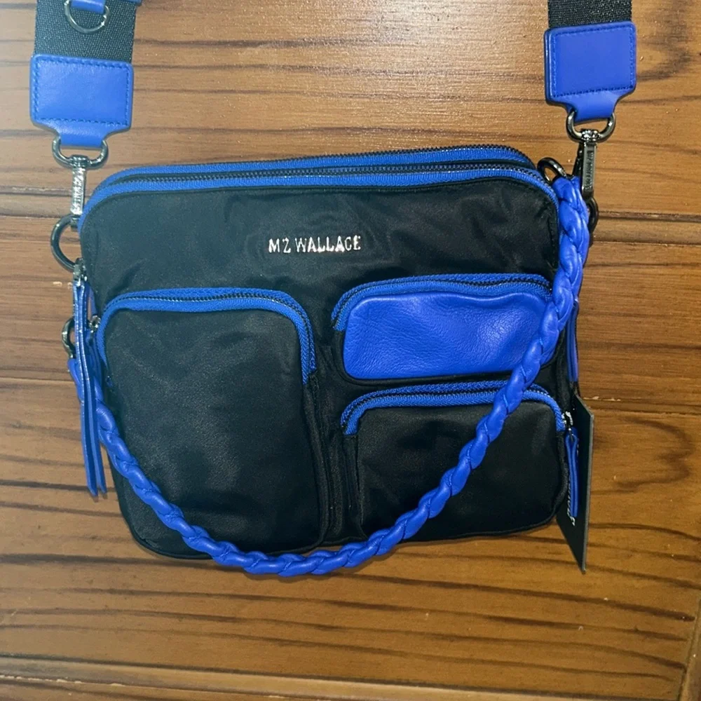 MZ Wallace Bowery Pocket Black and Cobalt Blue Crossbody Bag - Picture 2 of 16